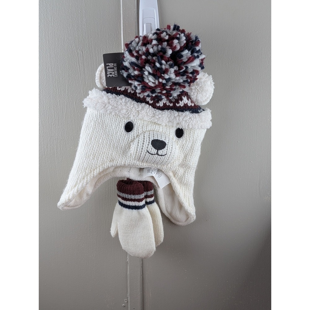 The Childrens Place Baby Polar Bear Trapper Hat and Mittens Set Ivory XS 6-12M